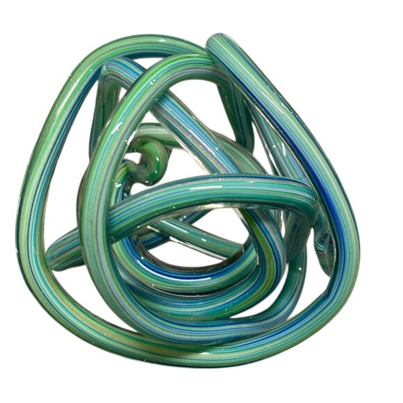 Beautiful Hand Blown Blue Green Turquoise Metallic Glass Endless Knot Sculpture - Picture 6 of 10